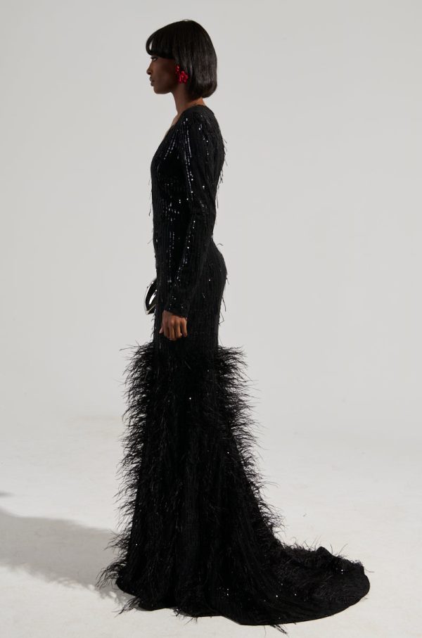 YOURS TRULY FEATHER SEQUIN EMBELLISHED MAXI DRESS Online now