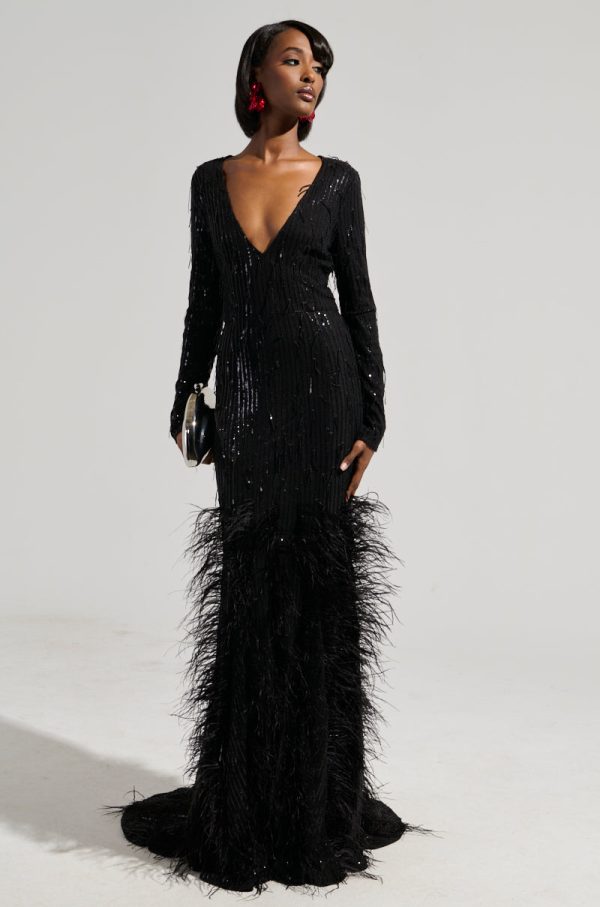 YOURS TRULY FEATHER SEQUIN EMBELLISHED MAXI DRESS Online now