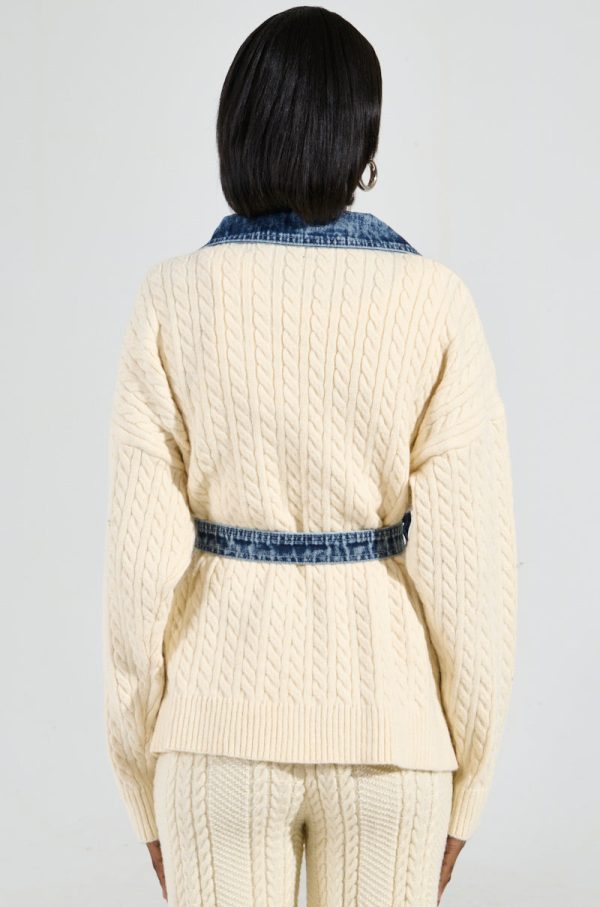 WORTHY OF LOVE CABLE KNIT TIE WAIST CARDIGAN IN CREAM Fashion