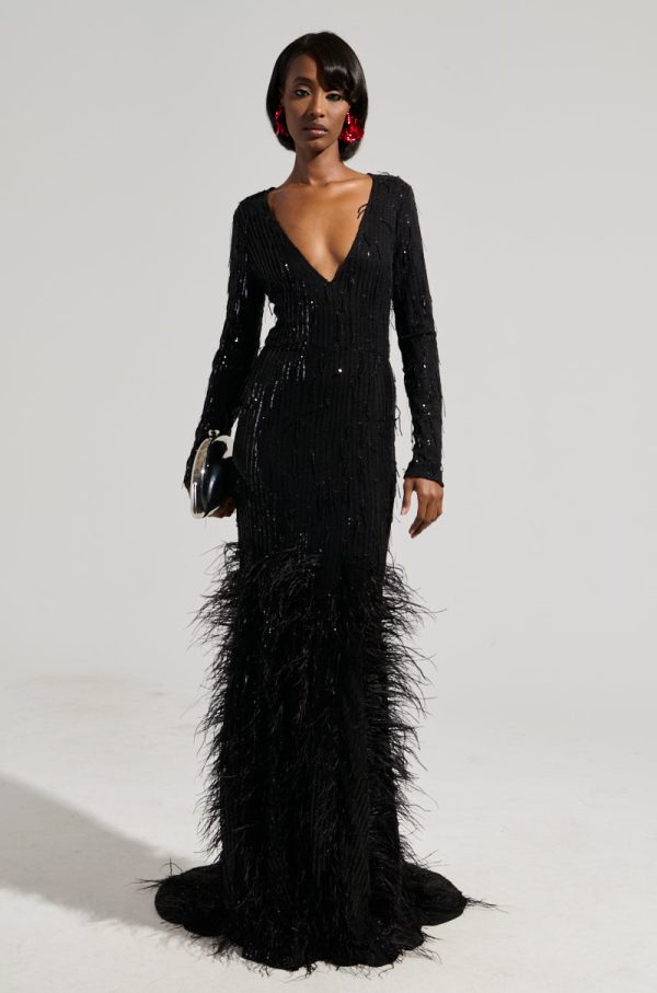 YOURS TRULY FEATHER SEQUIN EMBELLISHED MAXI DRESS Online now