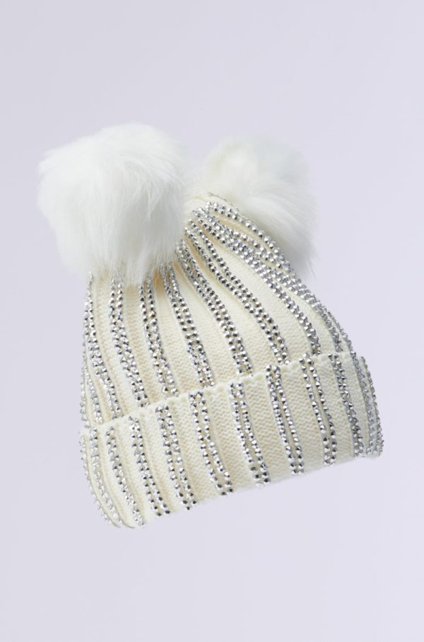 LEXII RHINESTONE KNIT MOUSE BEANIE IN WHITE For Discount